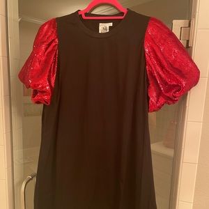 Queen of Sparkles Black Dress with Red Sequin Puff Sleeves